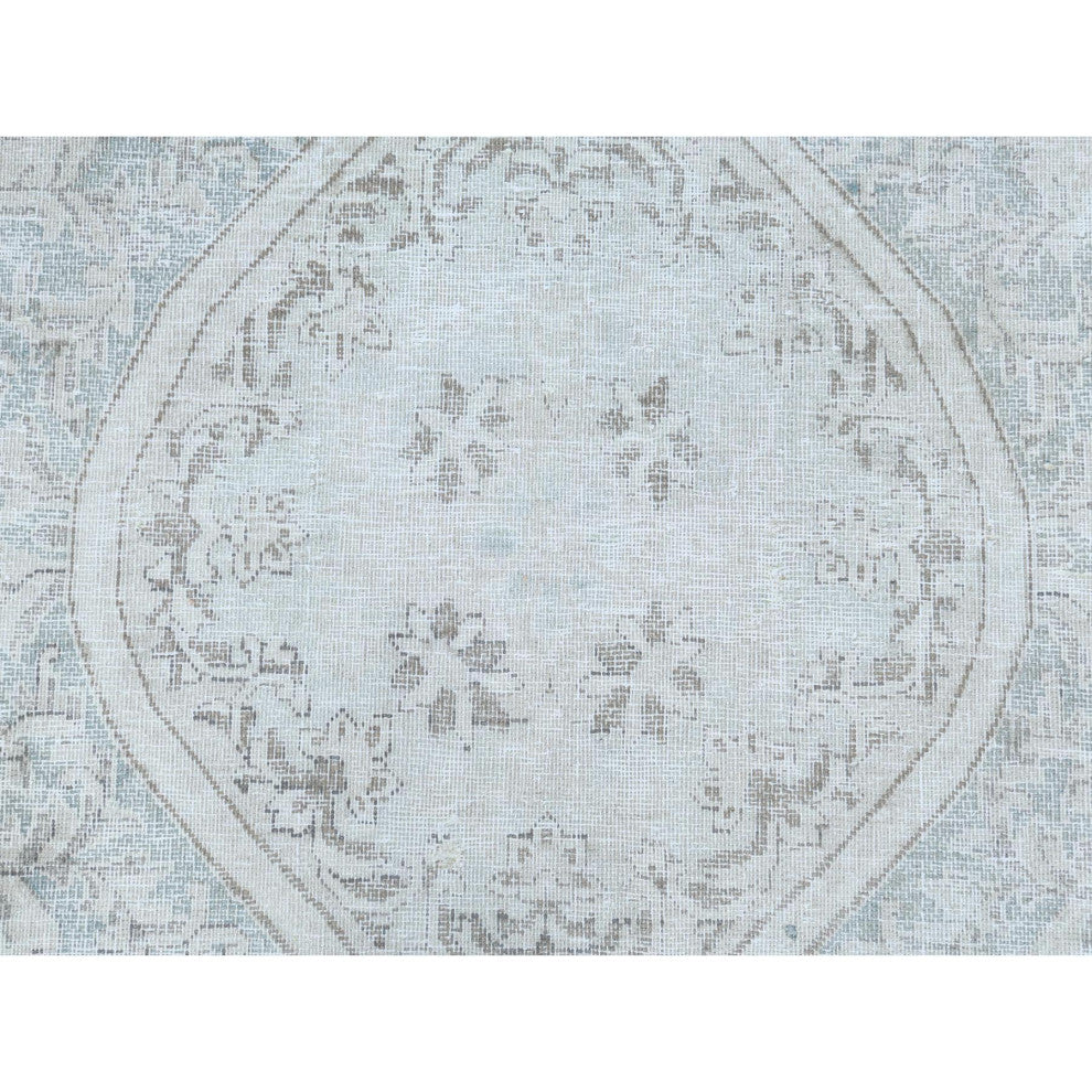 Cropped Thin, Hand Knotted, Ivory, Vintage Persian Kerman, Wool Rug 8'8" x 12'0"