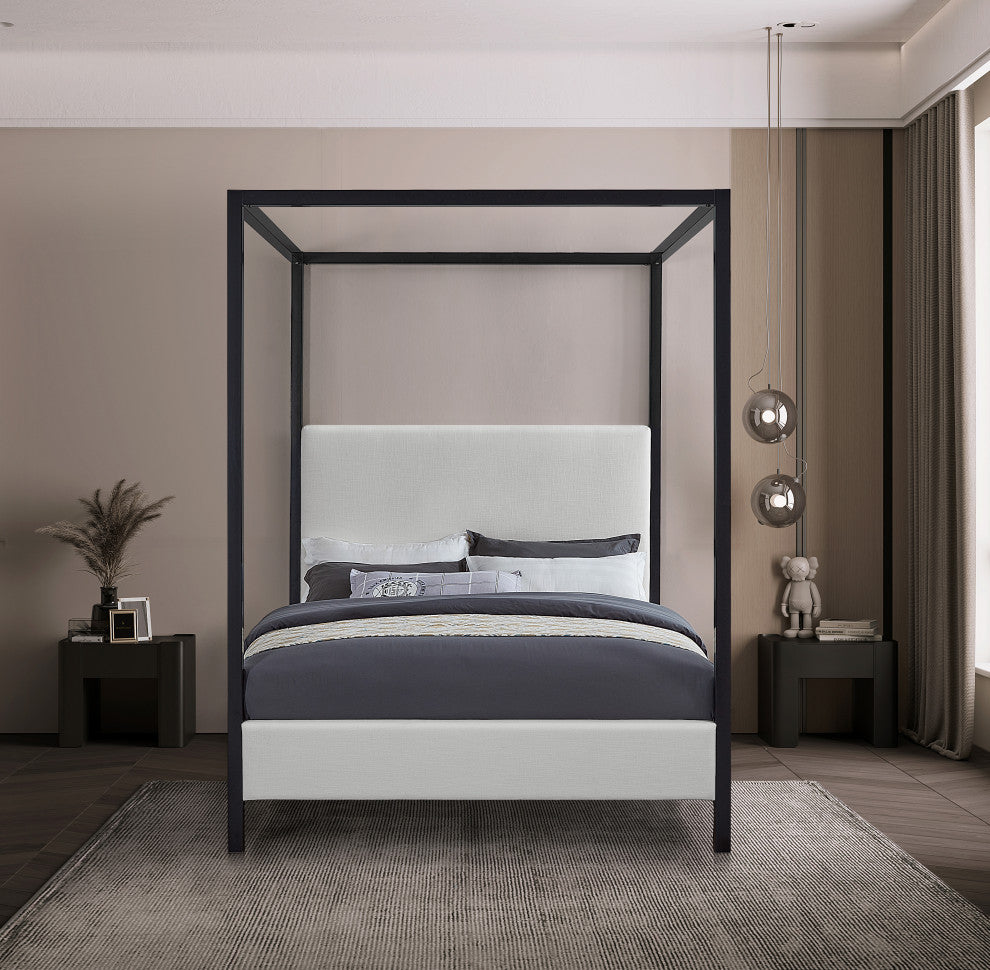 James Linen Textured Fabric Upholstered Bed, Cream, Queen