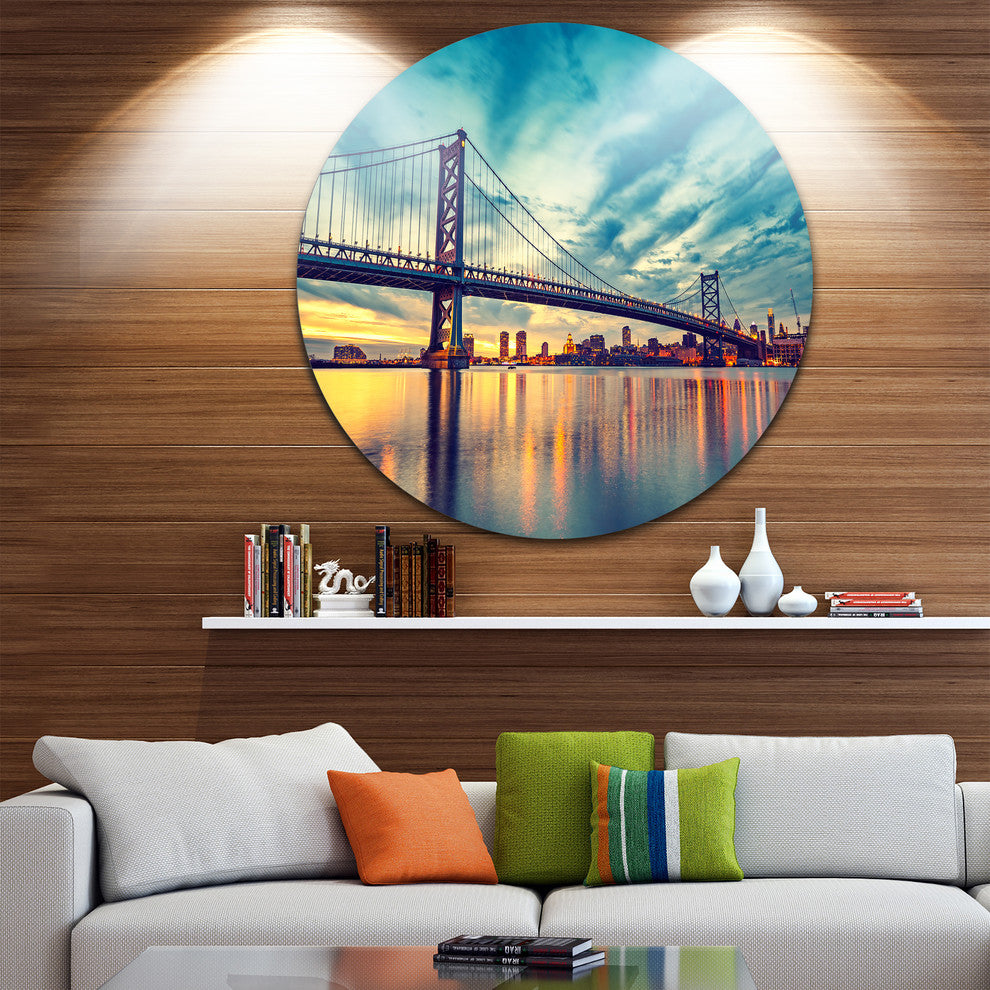 Ben Franklin Bridge In Philadelphia, Cityscape Disc Metal Wall Art, 23"
