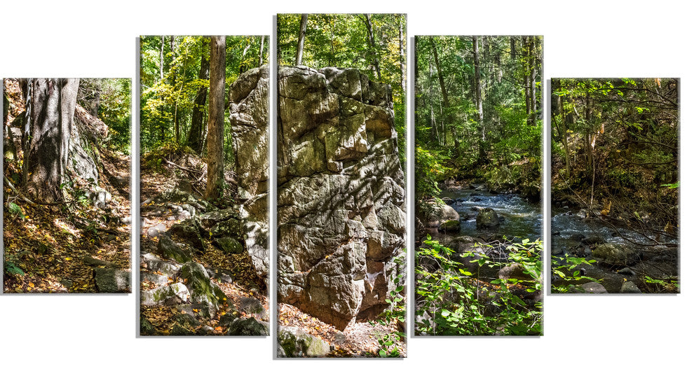 "Huge Rock in Black River Shore" Landscape Wall Art Wall Art, 5 Panels, 60"x32"