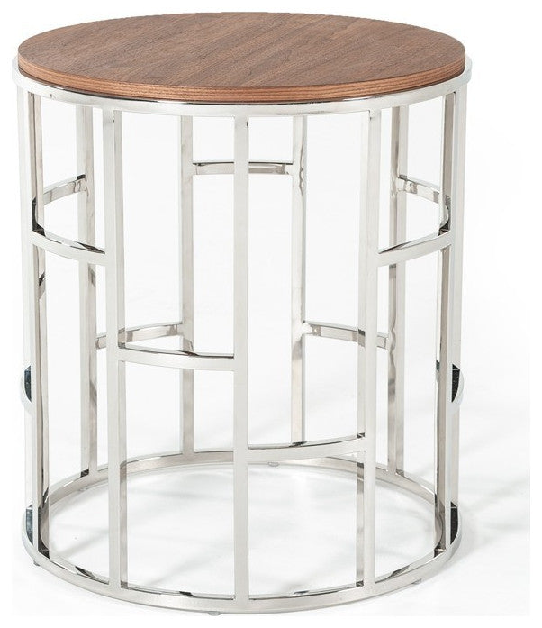 Stylish Silver And Walnut Round Geometric End or Side Table