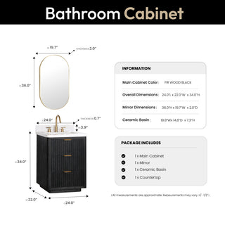 Vinnova Cadiz Bath Vanity, Composite Stone Top, Black, 24", With Mirror