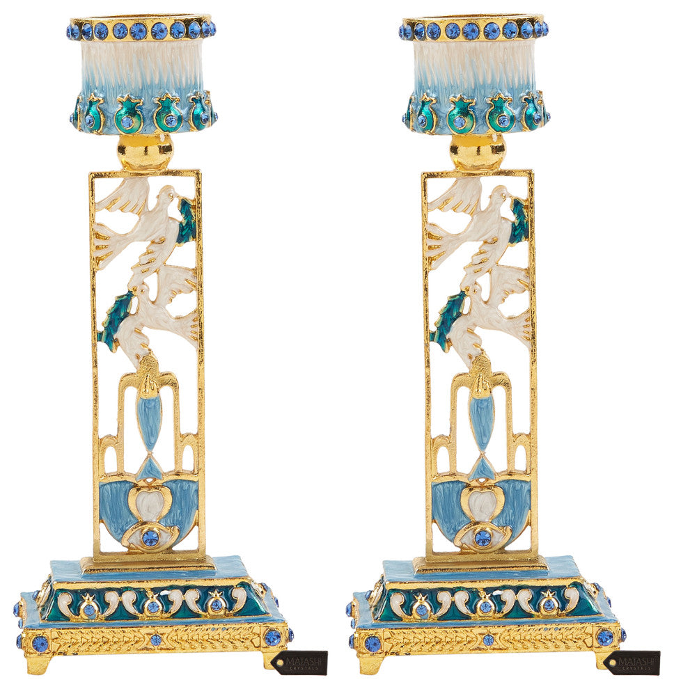Matashi Shabbat Candlestick Holder (2-Piece Set) Hand-Painted,  Pewter