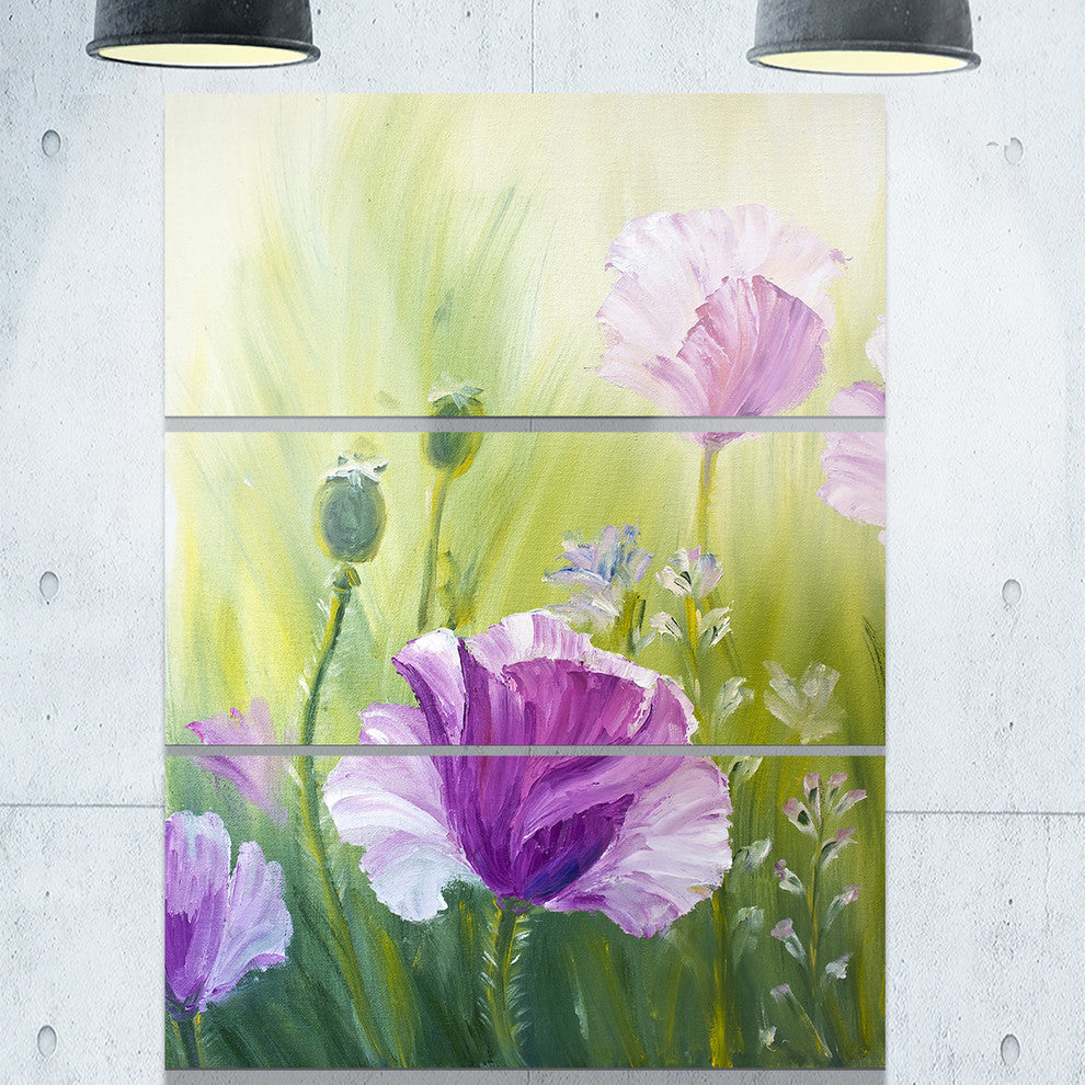 "Purple Poppies in Morning" Glossy Metal Wall Art, 3 Panels, 28"x36"