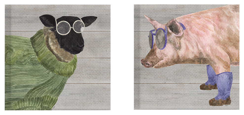 Stylish Barnyard Animal Paintings 2-Piece Stretched Canvas Wall Art Set, 7"x17"
