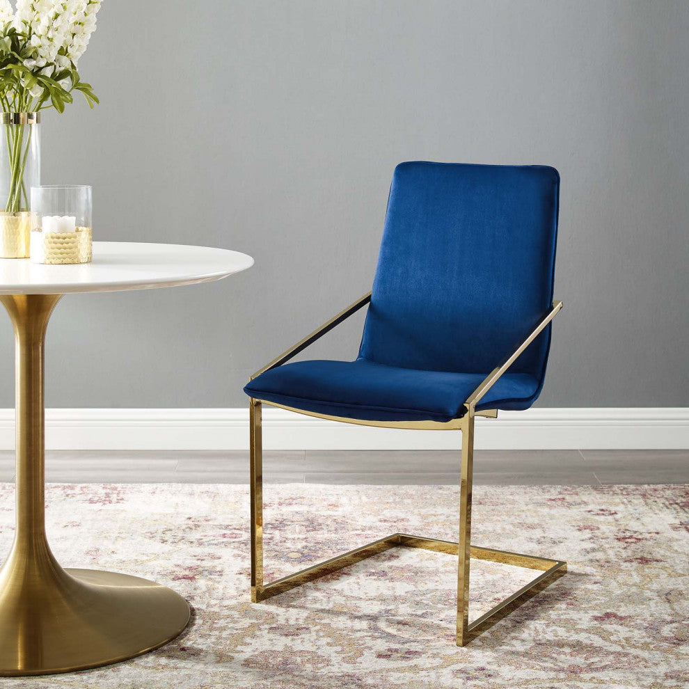 Side Dining Chair, Velvet, Metal, Gold Blue Navy, Modern, Cafe Bistro Restaurant