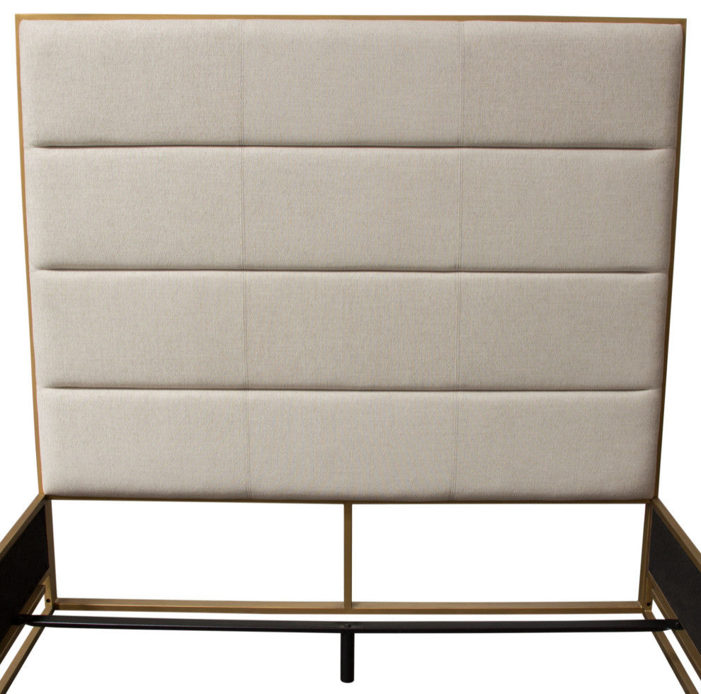 Empire Eastern King Bed, Sand Fabric With Hand brushed Gold Metal Frame