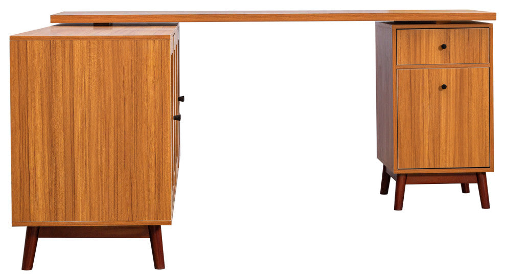 Modern L-shaped Executive Desk, Delicate Tempered Glass Cabinet Storage, Teak