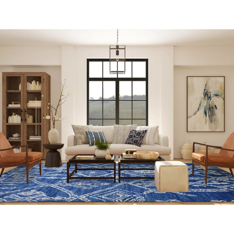 Blue, Hand Knotted, Soft and Shiny Wool, Moroccan Berber Rug, 8'10"x11'5"