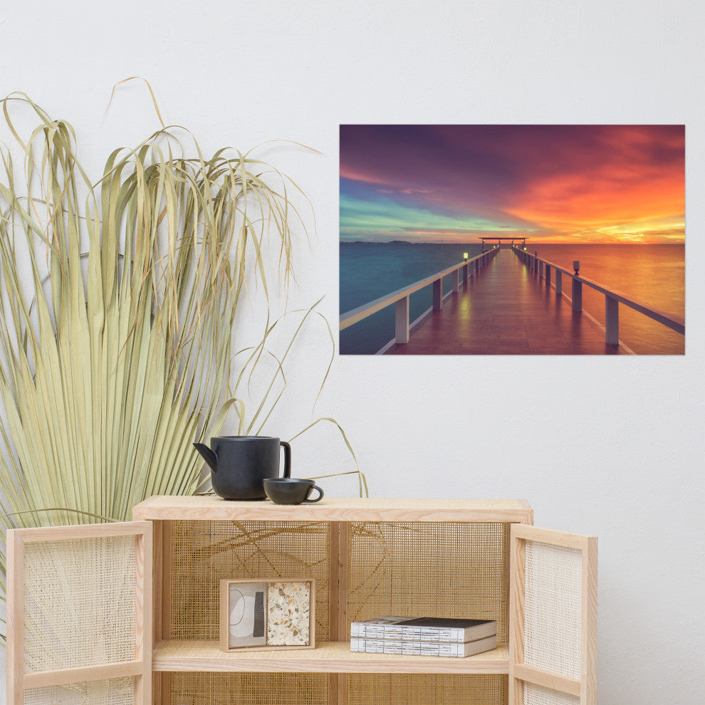 Surreal Wooden Pier At Sunset Intrigued Landscape Photo Loose Wall Art Print, 24" X 36"