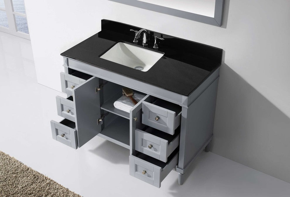 Virtu Tiffany 48" Single Bathroom Vanity, Gray, Black Granite Top, Mirror