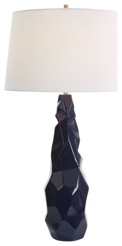 Abstract Faceted Gloss Navy Blue Ceramic Table Lamp 31 in Geometric Crinkle Luxe