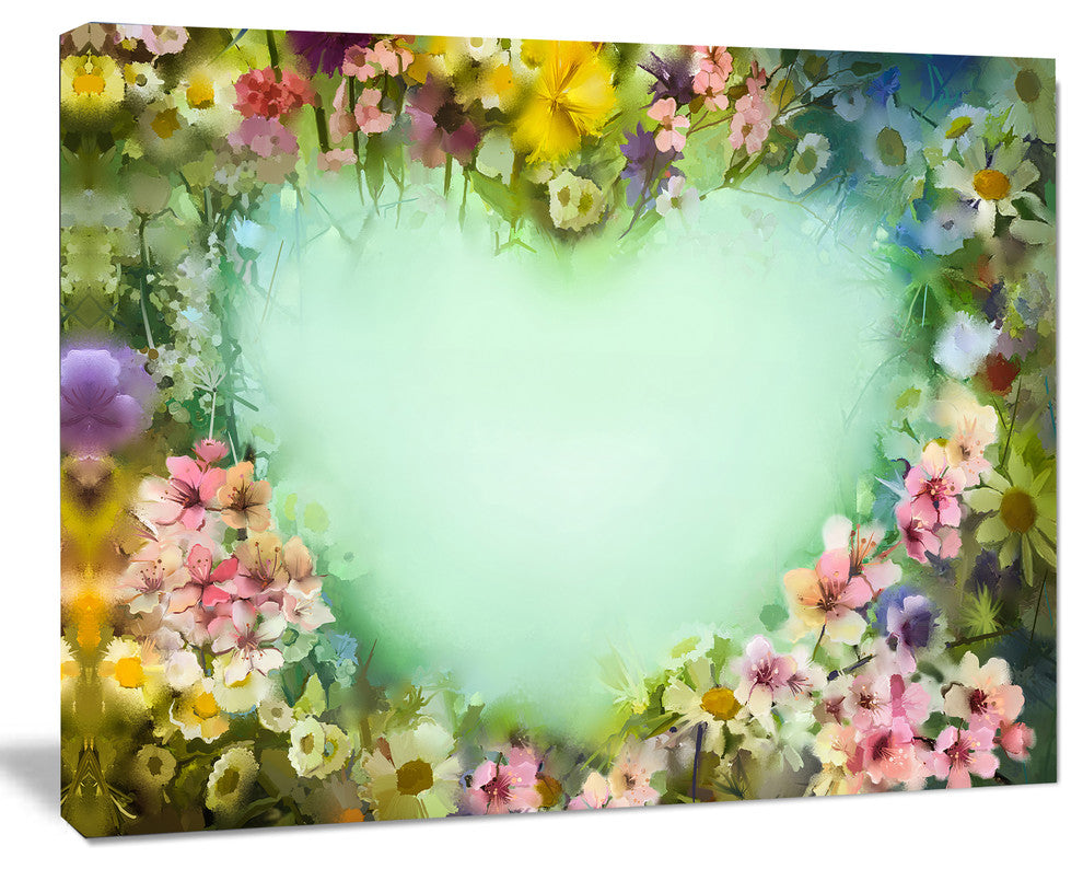 Vintage Flowers with Heart Shape, Large Floral Canvas Artwork, 20"x12"