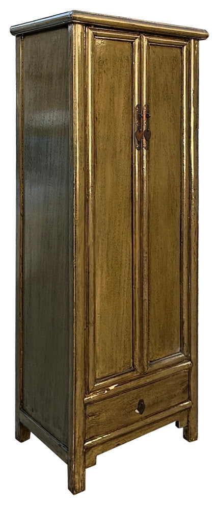 Oriental Distressed Mid Olive Green Tall Narrow Noodle Cabinet Armoire Hws4367