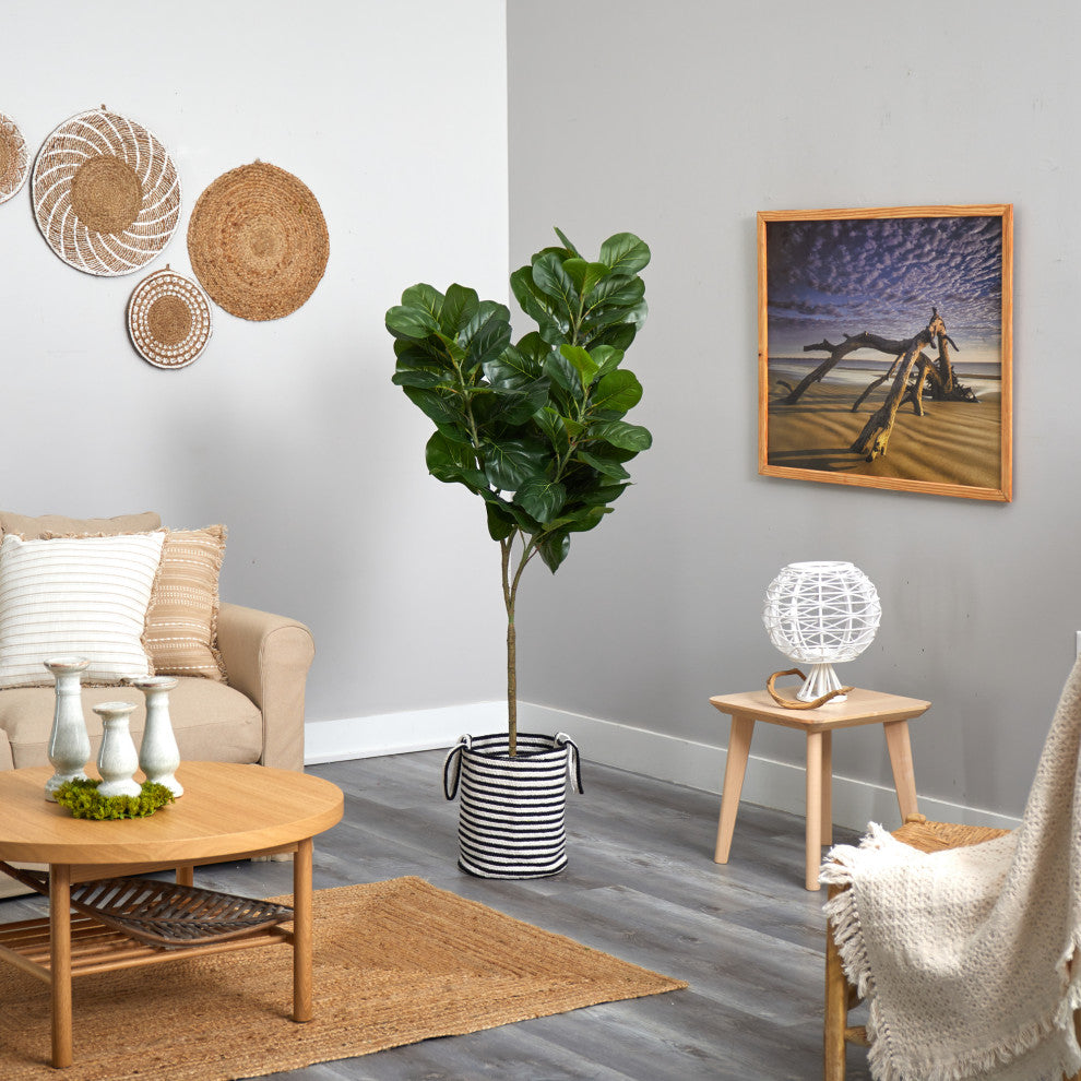 6' Fiddle Leaf Fig Tree in Handmade Black & White Natural Jute Cotton Planter