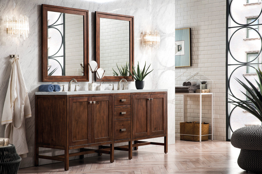 Addison 72" Double Vanity Cabinet, Mid Century Acacia, Ethereal Noctis, Three-Hole
