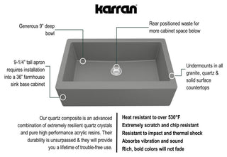 Karran Farmhouse/Apron-Front Quartz 34" Single Bowl Sink Kit, Grey