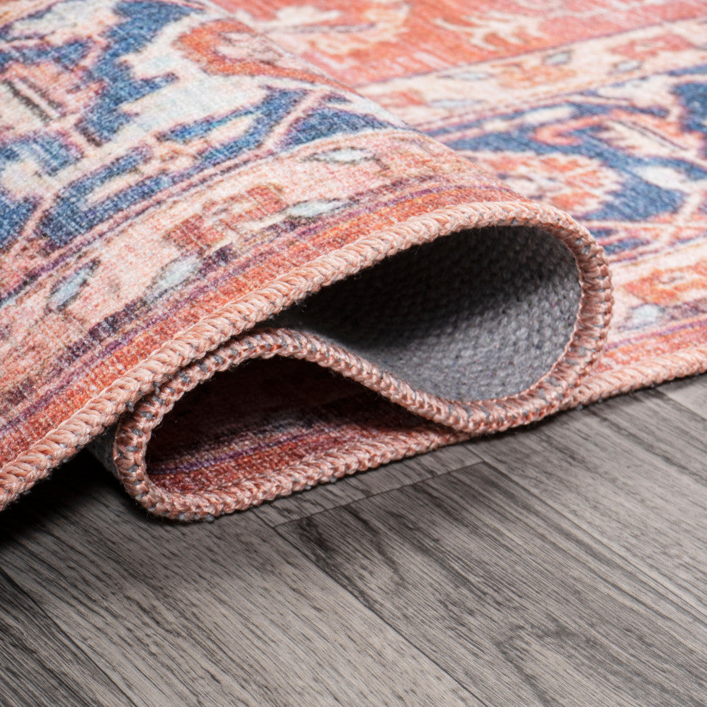 Maris Ornate Medallion Machine Washable Indoor Area Rug, Orange/Cream, 2 X 8