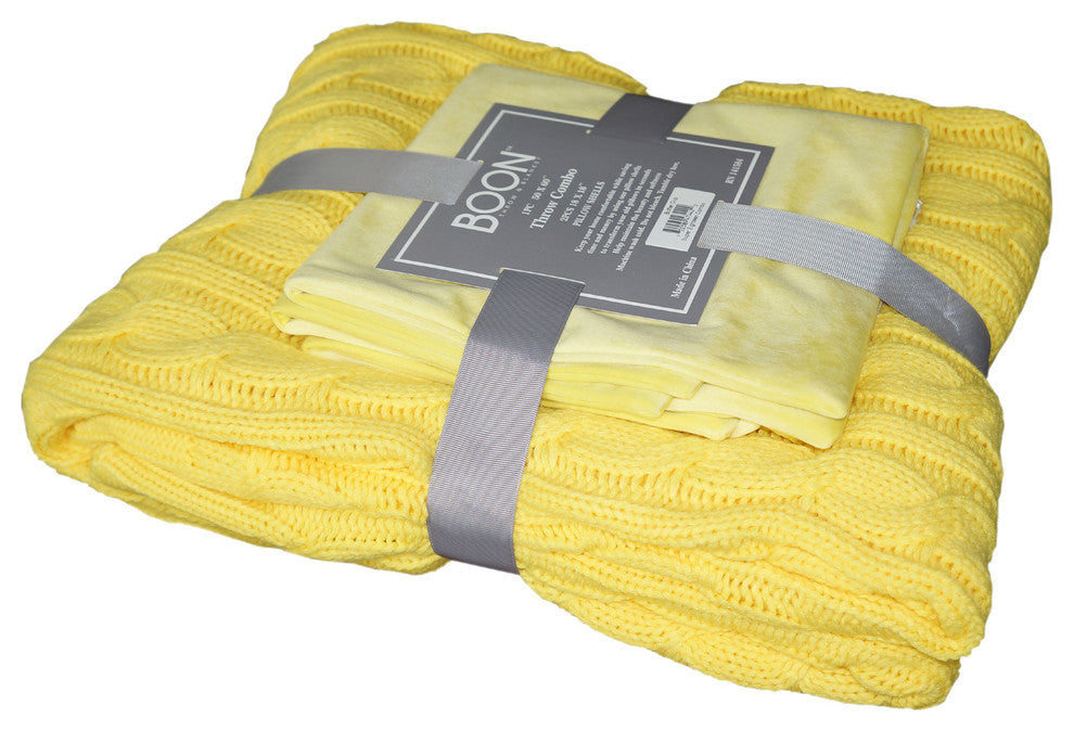 Super 18 Cable Throw and Pillow Shell 3-Piece Combo Set, Butter Cup
