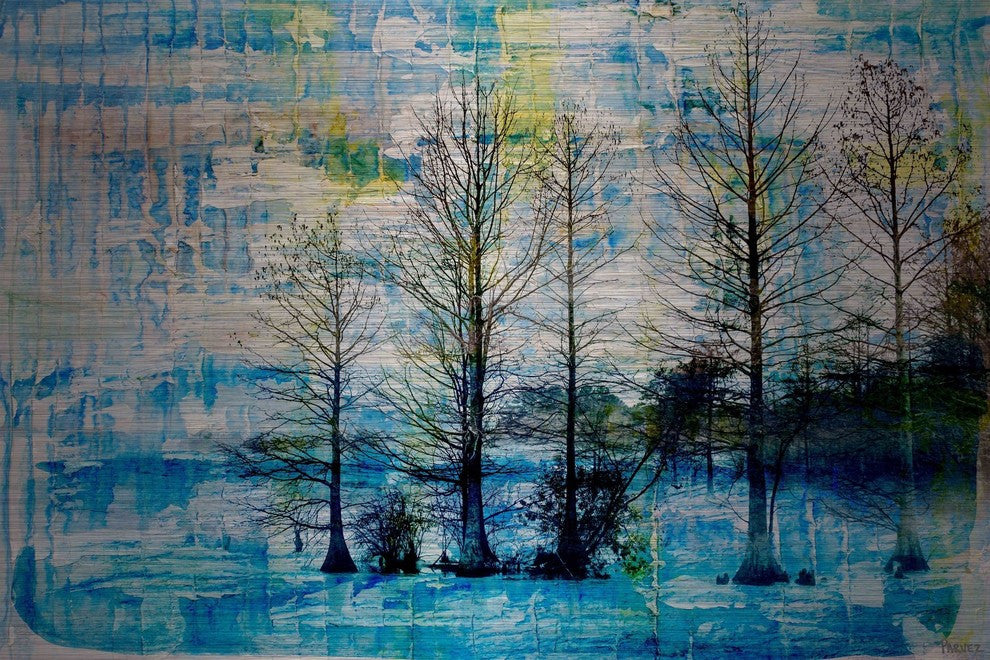 "Fir Trees Blue" Painting Print on Brushed Aluminum, 45"x30"