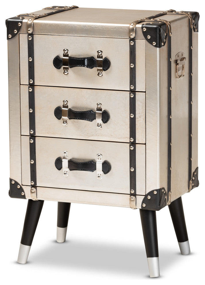 Silven Antique Silver Metal Trunk Inspired 3-Drawer Nightstand