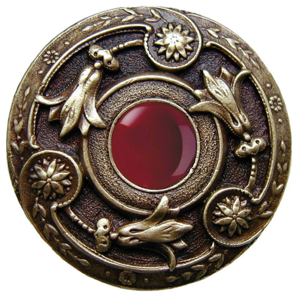 Jeweled Lily Knob, Antique-Style Brass With Red Carnelian