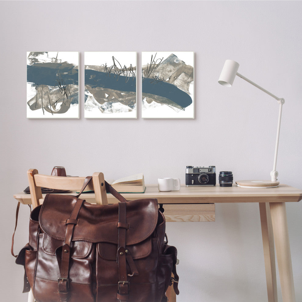 Abstract Line Painting Bold Blue Busy Grey Movement,3pc, each 10 x 15