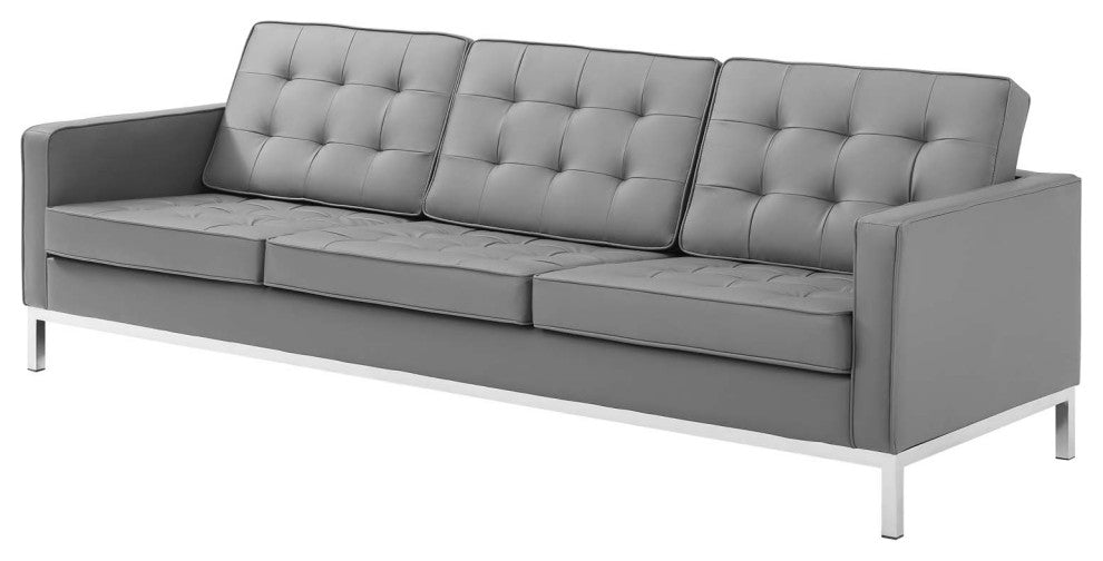 Tufted Armchair and Sofa Set, Faux Leather, Silver Gray, Modern, Lounge