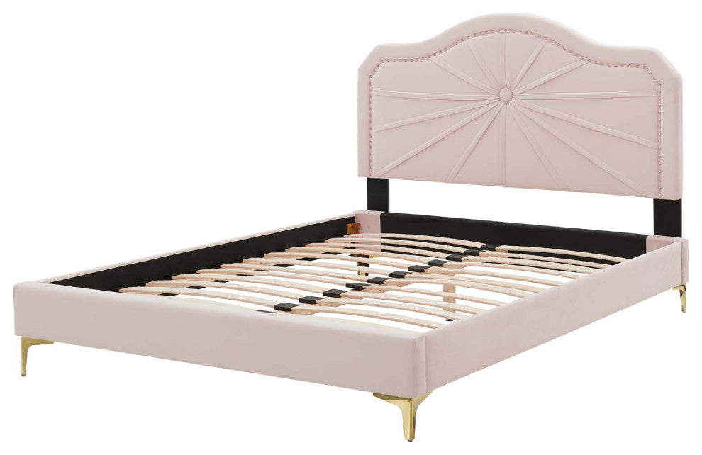 Platform Bed Frame, Twin Size, Velvet, Pink, Modern Contemporary, Bedroom Master