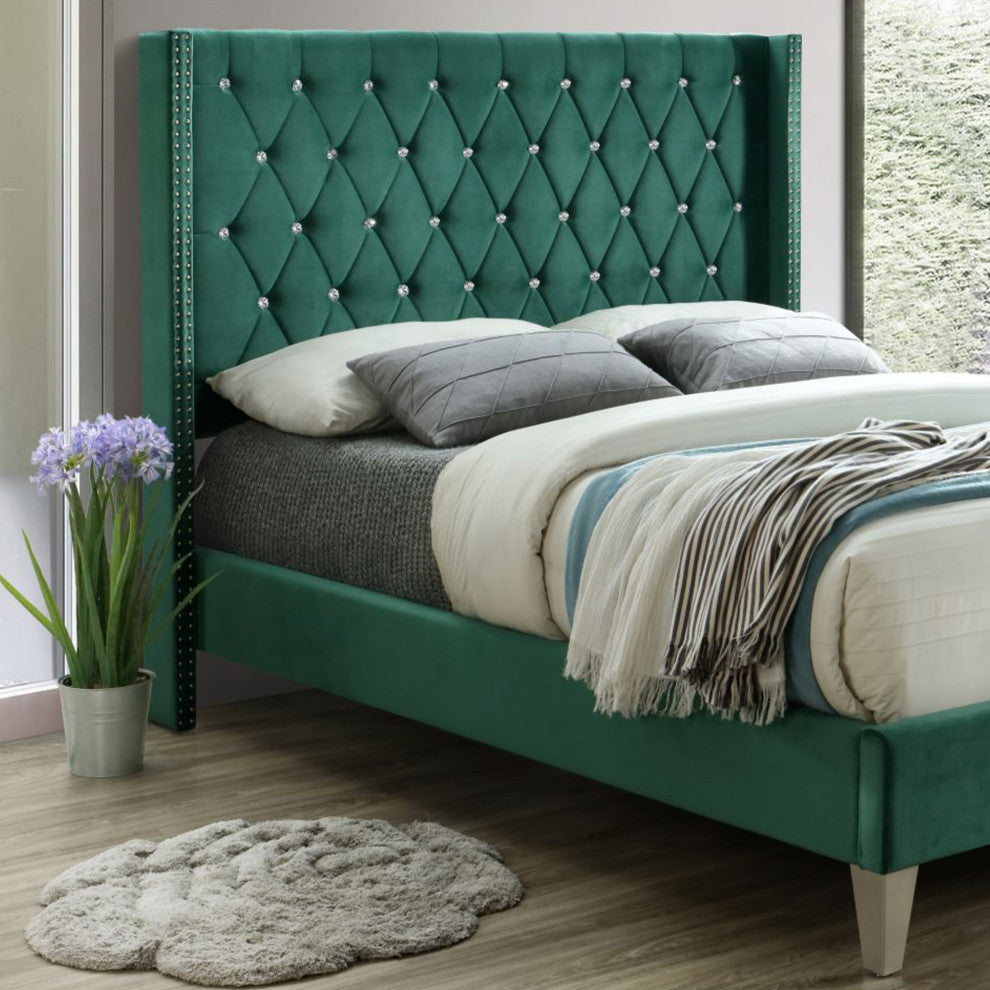 Better Home Products Alexa Velvet Upholstered Queen Platform Bed, Green