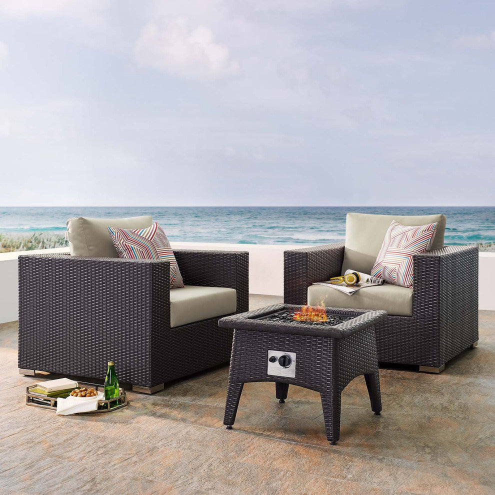 Outdoor Patio Lounge Chair and Table Fire Pit Set, Fabric Rattan Wicker, Beige