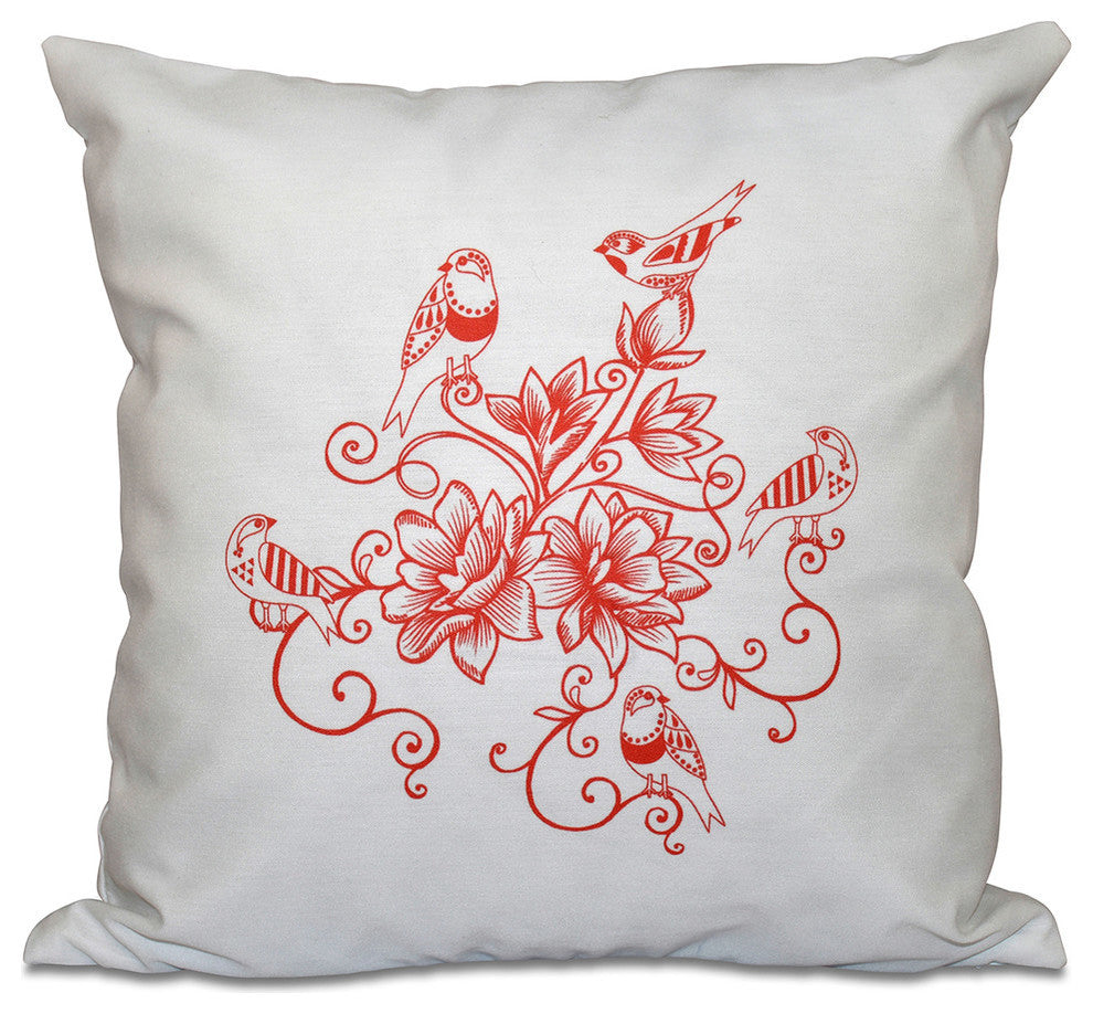Five Little Birds, Floral Print Pillow, Coral, 20"x20"