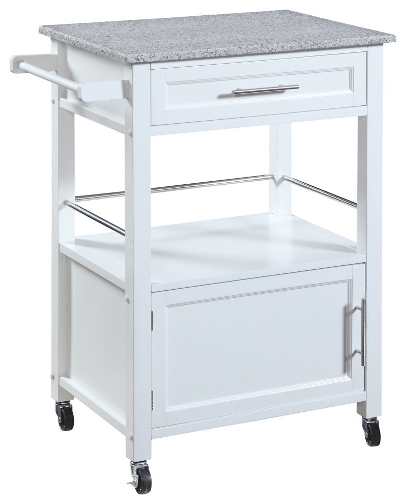 Benzara Granite Inlaid Spacious Wooden Kitchen Cart, White and Gray