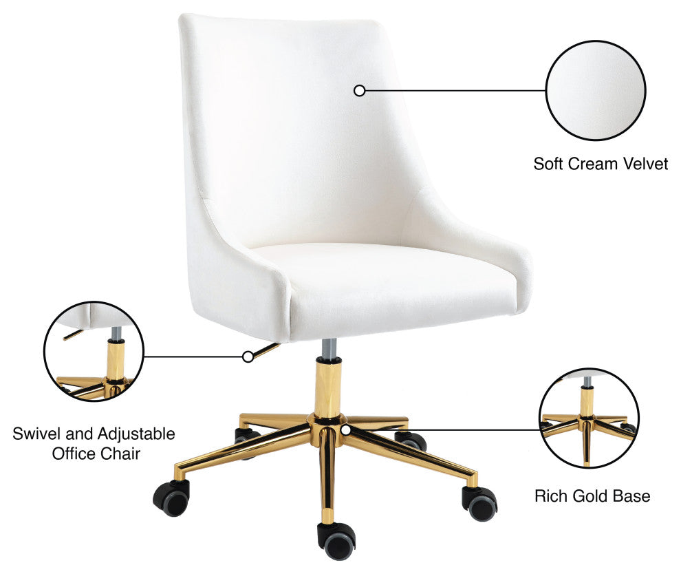Karina Swivel and Adjustable Velvet Upholstered Office Chair, Cream, Gold Base