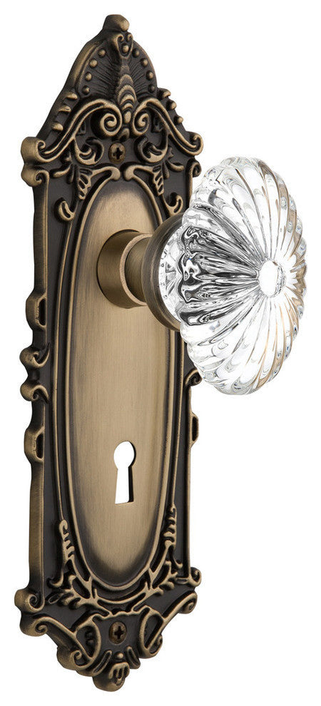 Double Victorian Plate With Oval Fluted Crystal Knob, Antique Brass