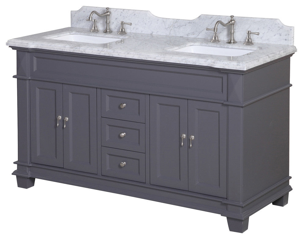 Elizabeth 60" Bathroom Vanity, Base: Marine Gray, Top: Carrara Marble, Double Vanity
