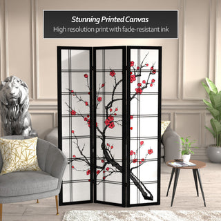 6' Tall Canvas Cherry Blossom Room Divider, Black, 3 Panels