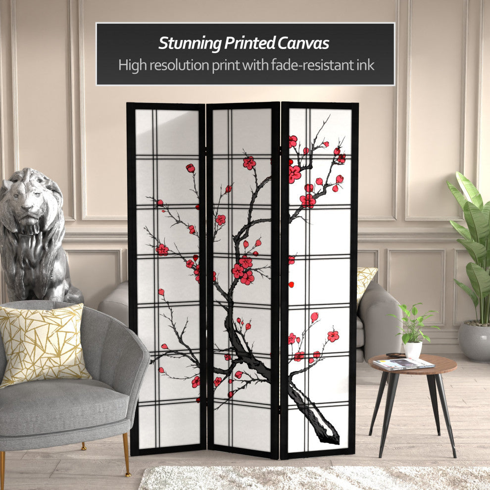 6' Tall Canvas Cherry Blossom Room Divider, Black, 3 Panels