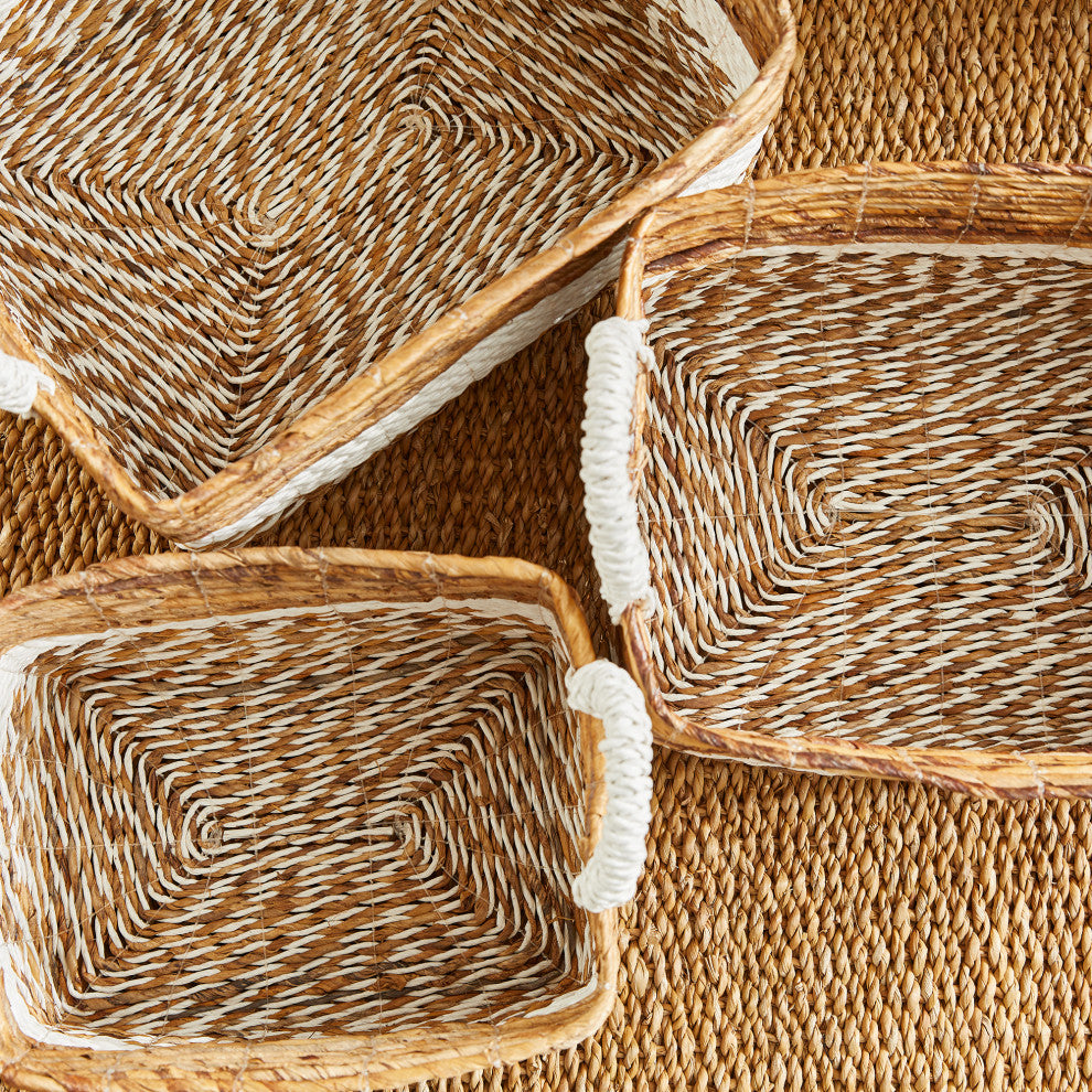 Set 3 Coastal Casual Natural Raffia Wide White Stripe Tote Baskets Handle Large