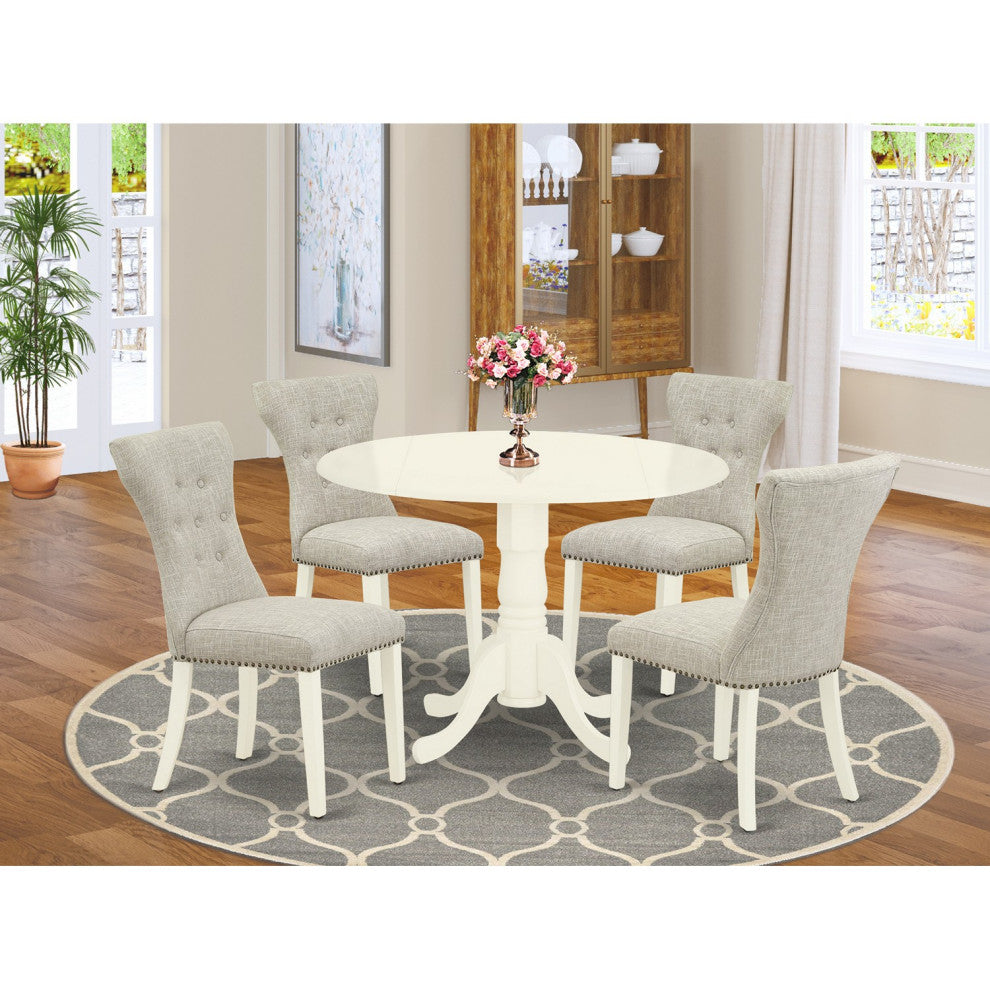 5Pc Kitchen Set, Round Table, 4 Fabric Chairs, Doeskin Chairs Seat, Linen White