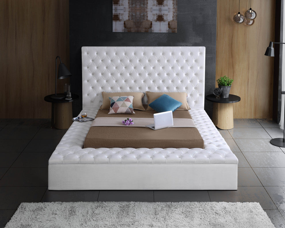 Bliss Velvet Upholstered  Bed, White, Full
