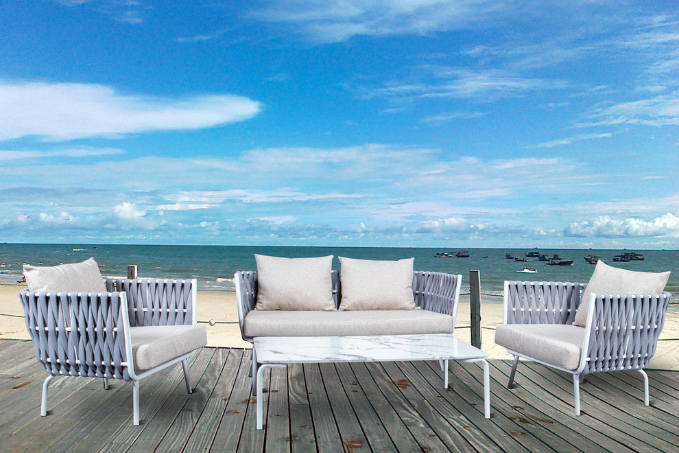 LeisureMod Spencer 4 Piece Outdoor Patio Rope Sofa Conversion Set, Light Grey