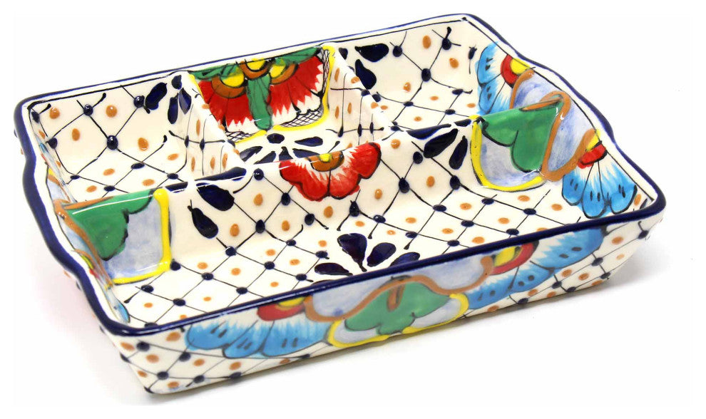 Handmade Pottery 9" Divided Platter, Dots and Flowers