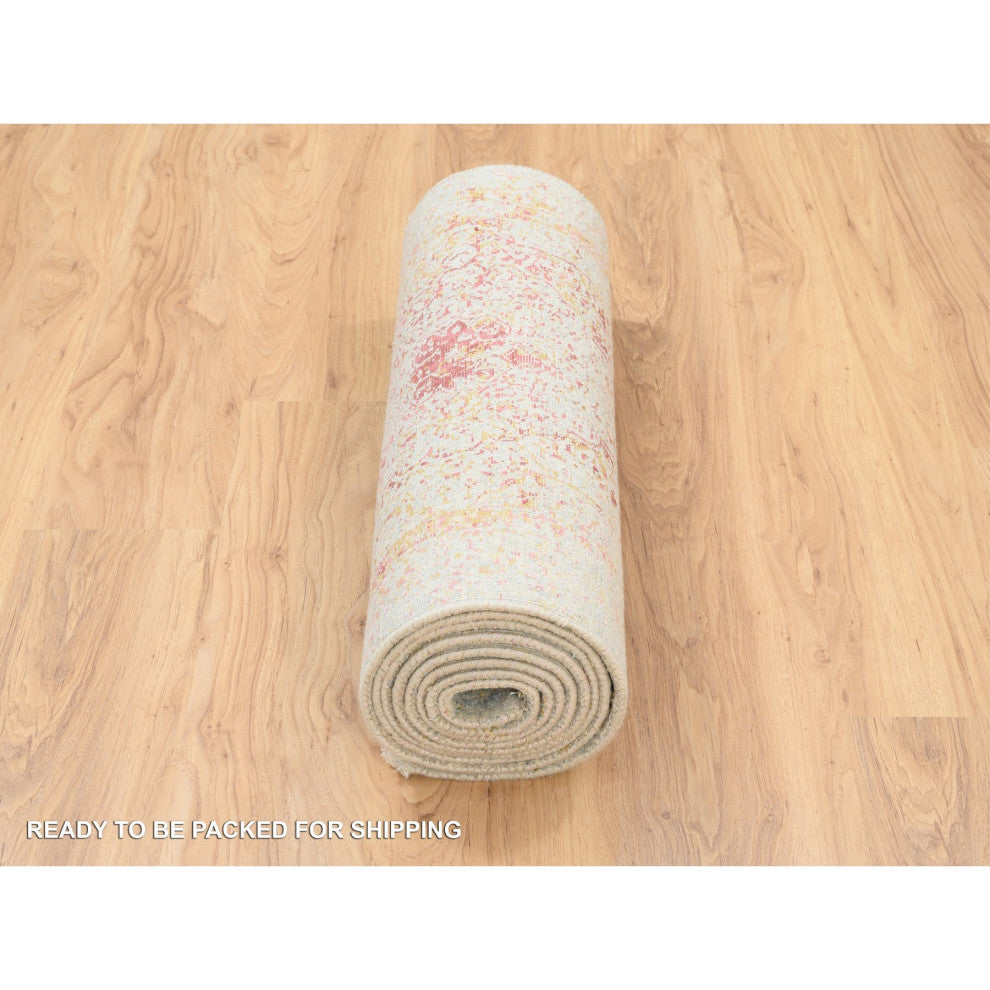 Pink, Hand Knotted, Persian, Wool and Pure Silk, Runner, Rug, 2'6" x 11'10"