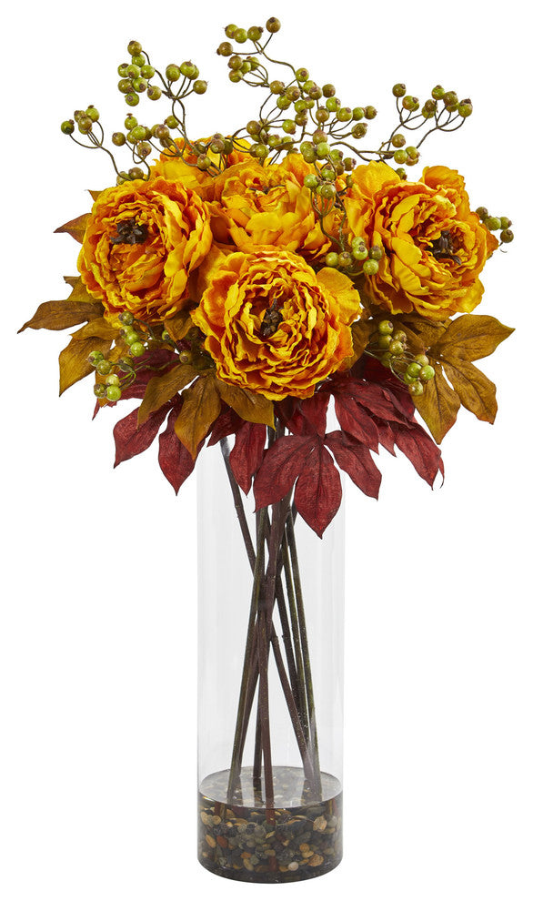 36" Peony and Berries Artificial Arrangement in Large Cylinder Vase
