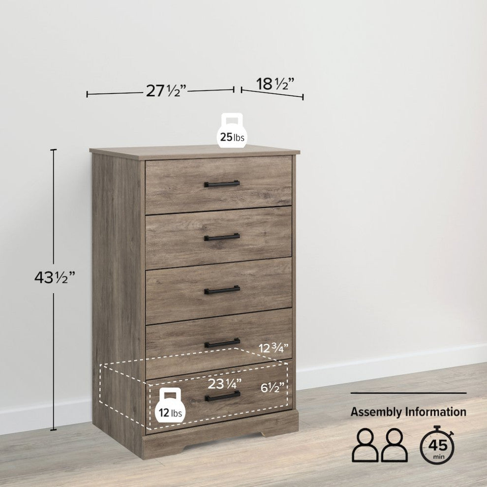Rustic Ridge Brown 5 Drawer 18.5D x 27.5W x 43.5H Dresser