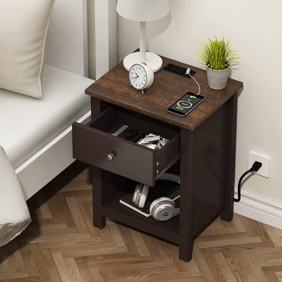 Nightstand with Charging Station, 1-Drawer and Storage Space, Espresso