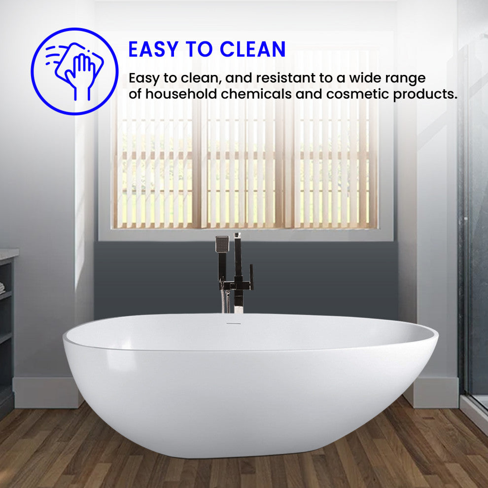 Vanity Art Solid Surface Resin Stone Freestanding Bathtub, Glossy White, 59 in. X 30 in.