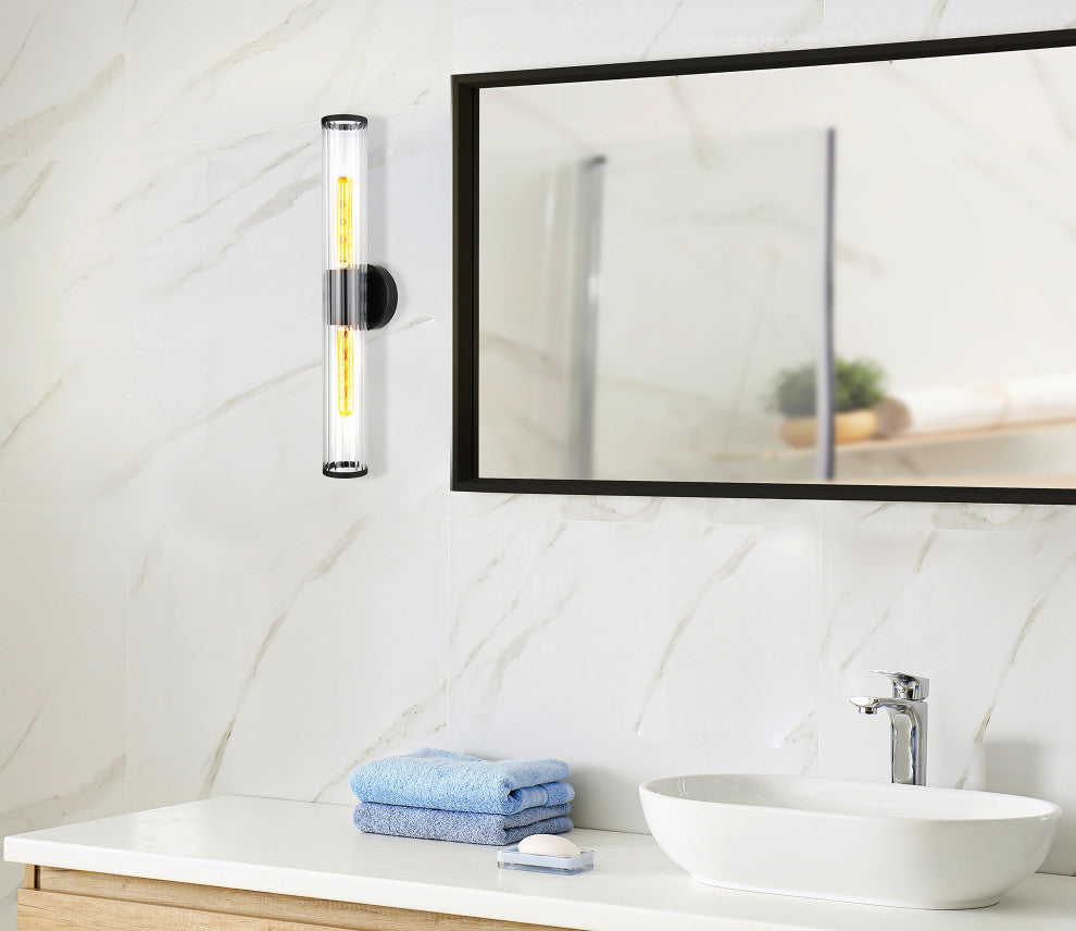 Varvara 2-Light Bath/Vanity Light, Black Finish, Groved Clear Glass Shade