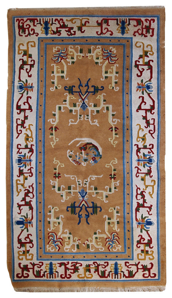 Handmade vintage Art Deco Chinese rug 3.9' x 6.9' ( 120cm x 213cm ) 1960s